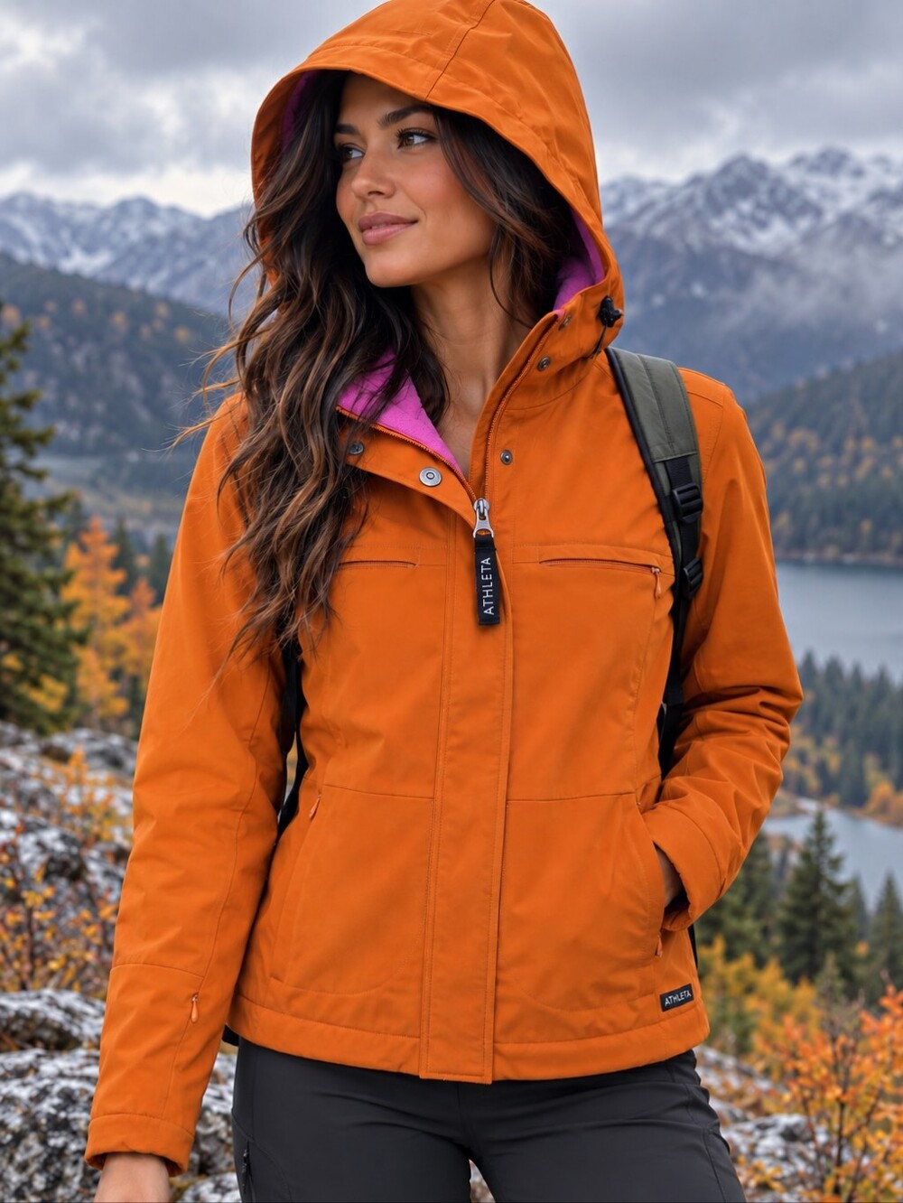 Athleta Hooded Soft Shell Jacket XS Orange Pink Fleece Lined Outdoor Hiking Coat